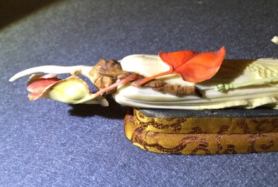 Un groupe en ivoire polychrome d'un cricket sur un chou, d&eacute;but du 20&egrave;me