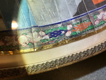 A framed Chinese gilt lacquer and painted paper fan, Canton, 19th C.