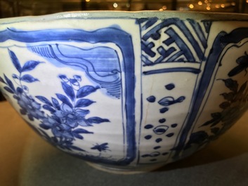 A large Chinese blue and white kraak porcelain bowl with floral design, Wanli