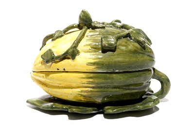 A polychrome Dutch Delft melon tureen, 2nd half 18th C.