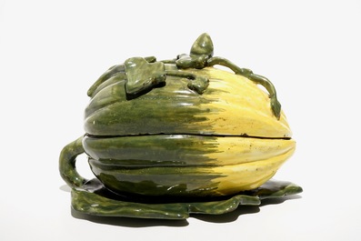 A polychrome Dutch Delft melon tureen, 2nd half 18th C.