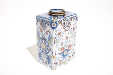 A polychrome Dutch Delft black-enhanced tea caddy, 2nd half 17th C.