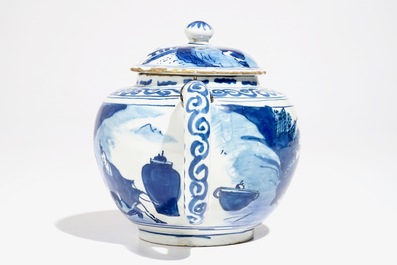 A Dutch Delft blue and white chinoiserie teapot and cover, 1st half 18th C.