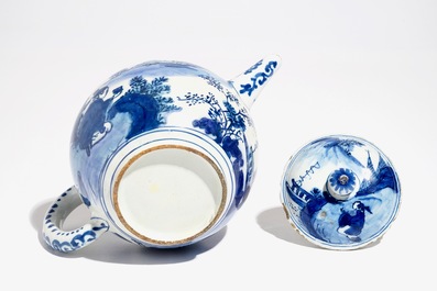 A Dutch Delft blue and white chinoiserie teapot and cover, 1st half 18th C.