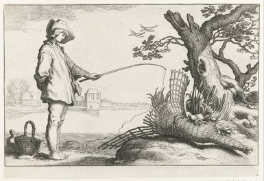 Un plat en fa&iuml;ence de Delft bleu et blanc figurant "Le jeune p&ecirc;cheur" d'apr&egrave;s Bloemaert, 18&egrave;me