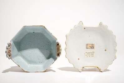 A polychrome Dutch Delft petit feu butter tub with a rooster-topped cover, 18th C.