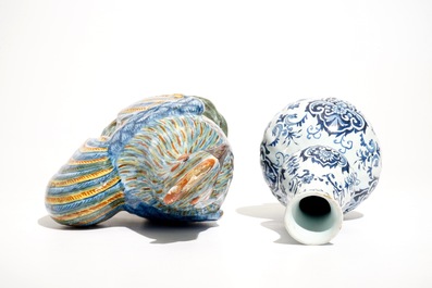 A polychrome Delft style rooster and a blue and white vase, D&egrave;svres, France, 19th C.