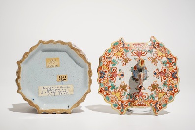 A polychrome Dutch Delft petit feu butter tub with a rooster-topped cover, 18th C.
