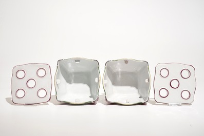 A pair of square French faience flower holders, Luneville, 19th C.