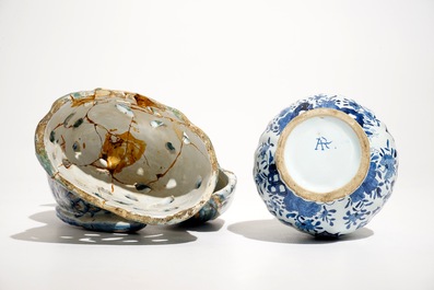 A polychrome Delft style rooster and a blue and white vase, D&egrave;svres, France, 19th C.