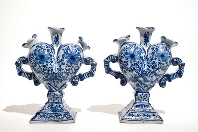 A pair of Delft style blue and white heart-shaped tulip vases, Nurnberg, Germany, 18th C.