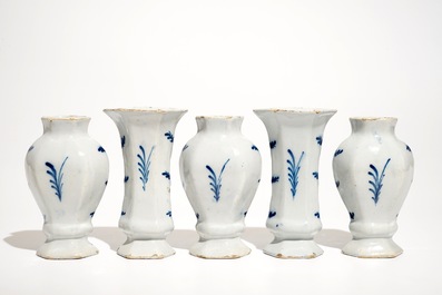 A small Dutch Delft blue and white five-piece garniture, 18th C.