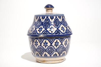 A blue and white Islamic pottery covered bowl and a dish, Northern Africa, Tunisia or Morocco, 19th C.