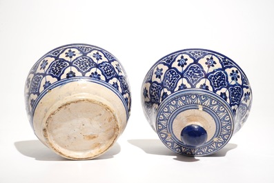 A blue and white Islamic pottery covered bowl and a dish, Northern Africa, Tunisia or Morocco, 19th C.