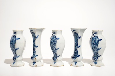 A small Dutch Delft blue and white five-piece garniture, 18th C.