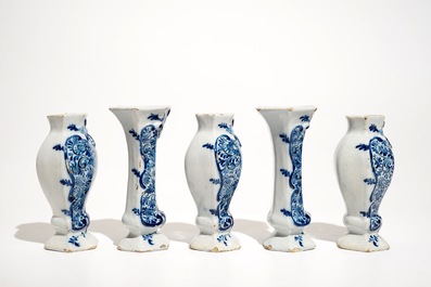 A small Dutch Delft blue and white five-piece garniture, 18th C.