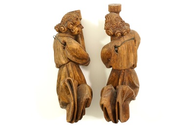 A pair of limewood flying angels with columns, prob. Southern Germany, 15/16th C.