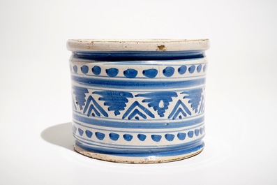 A blue and white maiolica ornamental albarello or ointment pot, The Netherlands, 17th C.