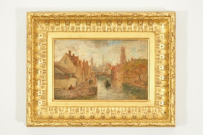 Frank, Lucien (Belgi&euml;, 1857-1920), Zicht op de Groenerei in Brugge, olie op paneel