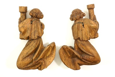 A pair of limewood flying angels with columns, prob. Southern Germany, 15/16th C.