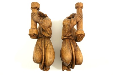 A pair of limewood flying angels with columns, prob. Southern Germany, 15/16th C.