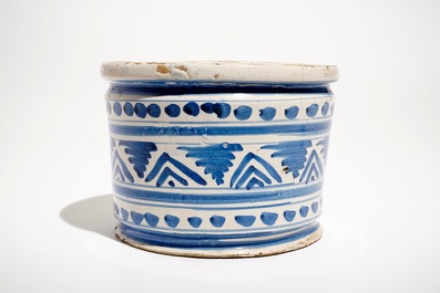 A blue and white maiolica ornamental albarello or ointment pot, The Netherlands, 17th C.
