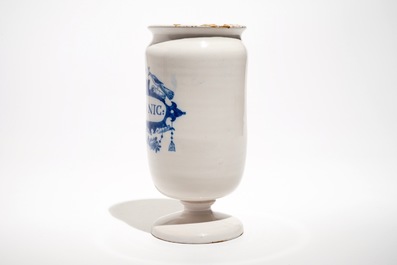 An unusual Dutch Delft blue and white drug jar on foot, 18th C.