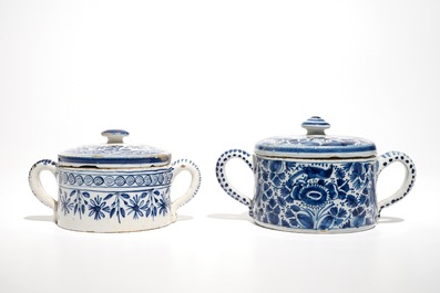 A pair of Dutch Delft blue and white dishes with cherubs and two sugar pots, 18th C.