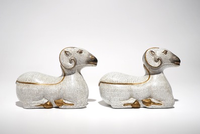 A pair of Chinese cloisonn&eacute; and gilt bronze models of rams, Qianlong