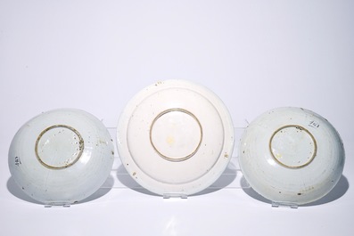 Seven various Dutch Delft and French faience blue and white dishes, 18th C.