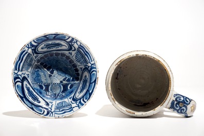 A Dutch Delft blue and white chinoiserie bowl and a polychrome Braunschweig mug, 1st half 18th C.