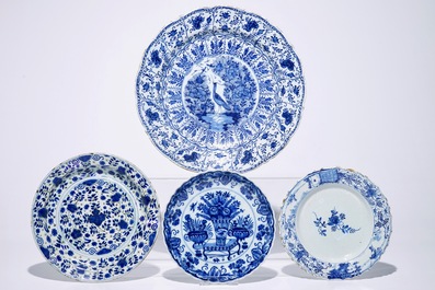 Seven various Dutch Delft and French faience blue and white dishes, 18th C.