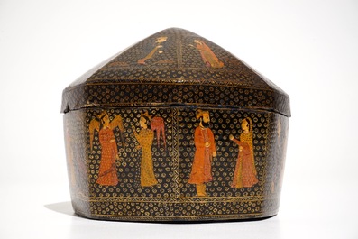 A Kashmir painted papier mache turban box with figurative design, India, 19th C.