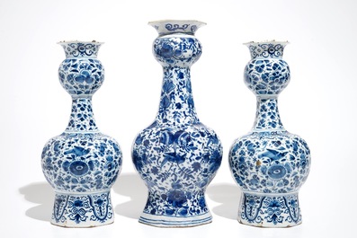 Three Dutch Delft blue and white garlic neck vases with birds on millefiori design, 18th C.