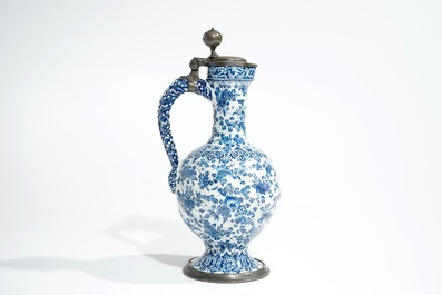 An attractive Dutch Delft blue and white gadrooned pewter-mounted jug, 2nd half 17th C.