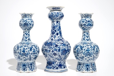 Three Dutch Delft blue and white garlic neck vases with birds on millefiori design, 18th C.