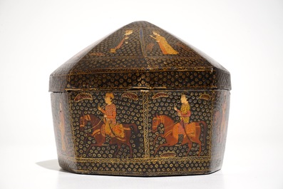 A Kashmir painted papier mache turban box with figurative design, India, 19th C.