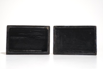 A rectangular laquered papier mache box and cover with calligraphy, Qajar, Iran, 19th C.