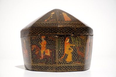 A Kashmir painted papier mache turban box with figurative design, India, 19th C.