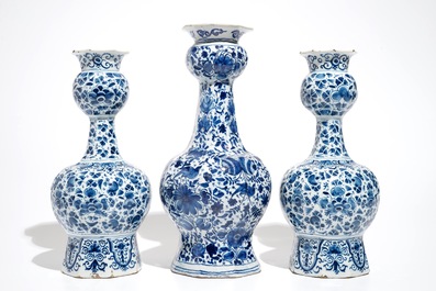 Three Dutch Delft blue and white garlic neck vases with birds on millefiori design, 18th C.