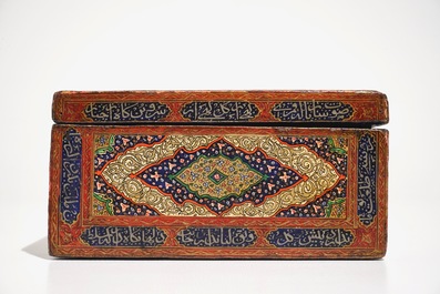 A rectangular laquered papier mache box and cover with calligraphy, Qajar, Iran, 19th C.