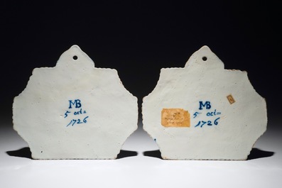A pair of Dutch Delft blue and white plaques after Bloemaert, dated 1726