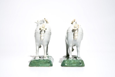 A pair of white Dutch Delft circus horses on a green base, 18th C.