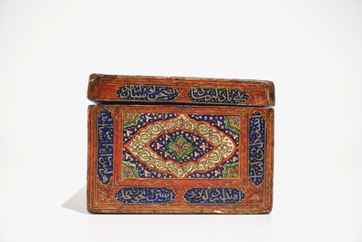 A rectangular laquered papier mache box and cover with calligraphy, Qajar, Iran, 19th C.