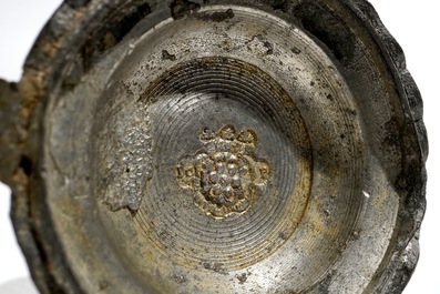 A pewter-mounted Dutch Delft cashmire palette relief-decorated jug, 1st half 18th C.