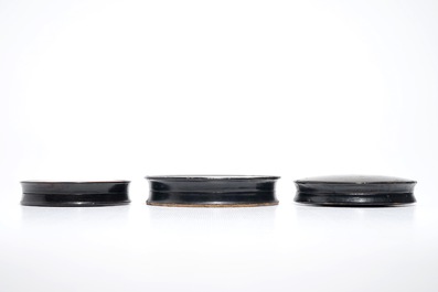 Three painted laquered papier mache snuff boxes, prob. Germany, 19th C.