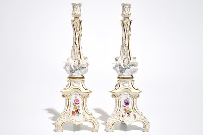 A pair of Meissen porcelain candlesticks, Germany, 19th C.