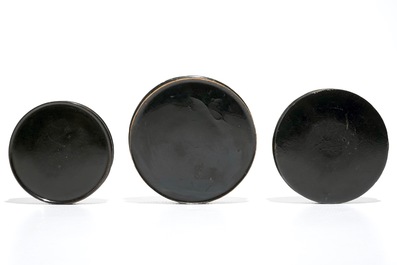 Three painted laquered papier mache snuff boxes, prob. Germany, 19th C.