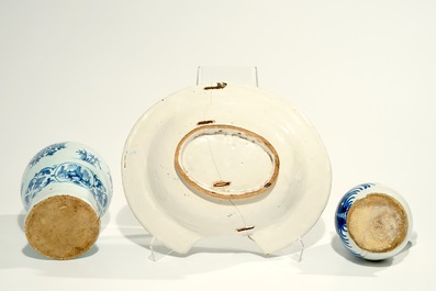 A blue and white French faience shaving bowl, a chinoiserie vase and a jug, Nevers and Moustiers, 17/18th C.