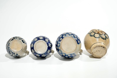 Four Westerwald stoneware jugs, Germany, 17th C.